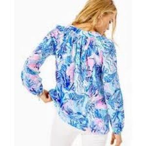 Lilly Pulitzer Elsa Silk Blouse in Saltwater Blue Shade Seekers size Large NWT